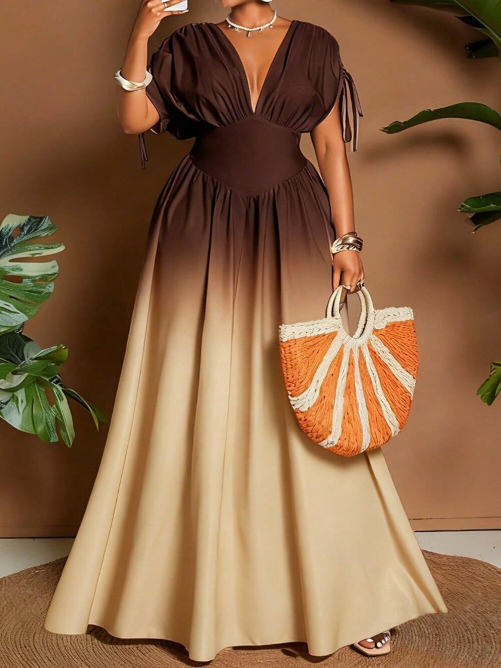 Multicolor Casual Women's Ombre Tie-Front Bowknot V-Neck A-Line Maxi Dress